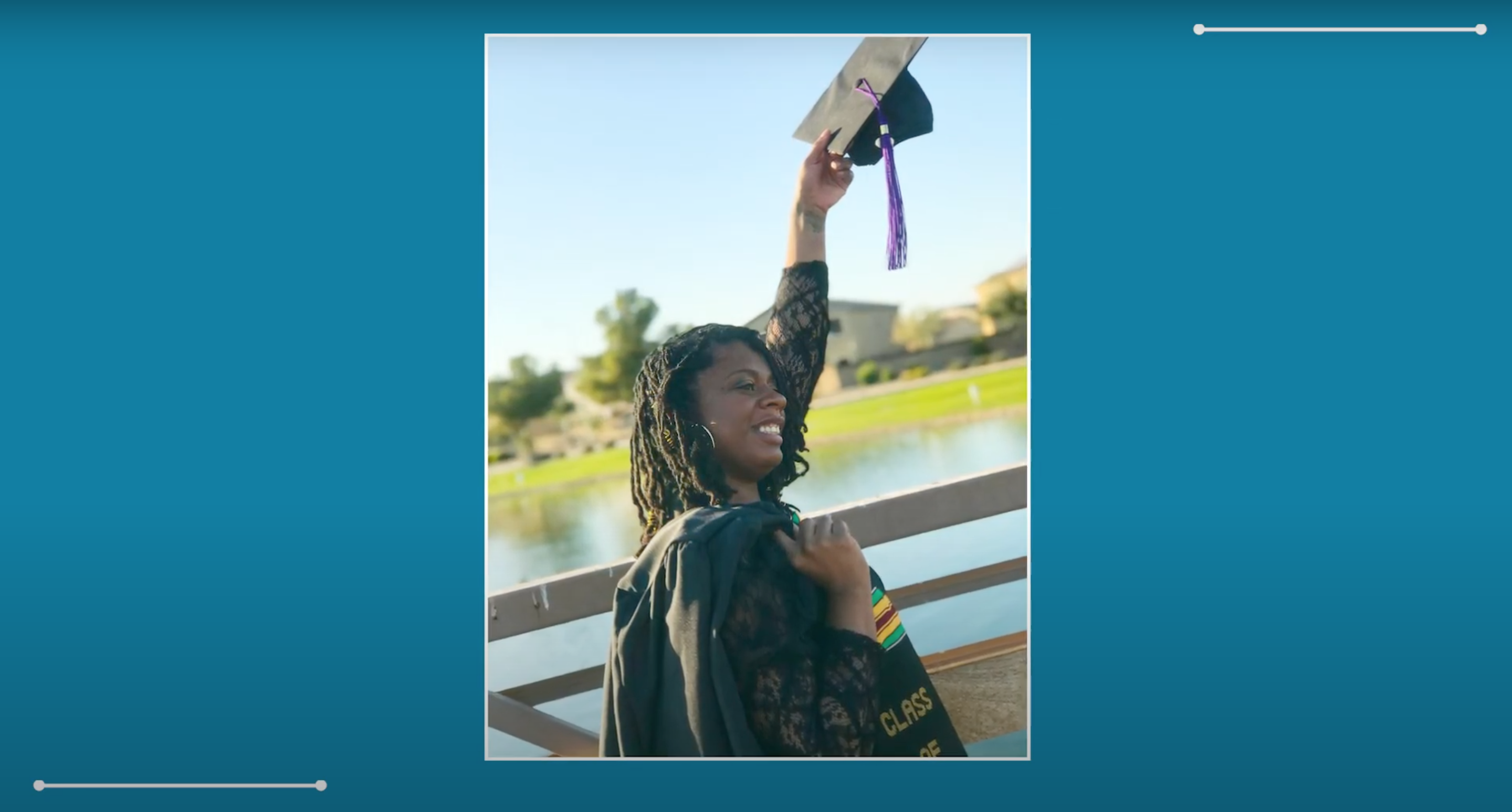 student celebrating wearing graduation cap and gown